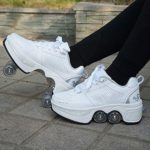 MLyzhe Deformation Roller Shoes Adult Children’s Automatic Walking Shoes Male Female Skating Shoes Invisible Pulley Shoes Skates with Double-Row Deform Wheel White