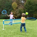 HearthSong 3-in-1 Kids Outdoor Active Game Set with Tennis, Badminton and Volleyball, 58.5″ L x 40″ W x 24.5″ H, Includes Standard Volleyball and Tennis Ball, Oversized Birdie and Tennis Ball
