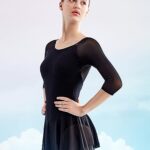 Daydance 3/4 Sleeve Black Leotards for Women, Skirted Ballet Dress Adult Dance Attire