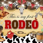 This is My First Rodeo Backdrop Western Cowboy Wood Boot Hat Cow Print Birthday Background My Wild West Boys 1st Birthday Party Decorations Photo Booth Props 7x5FT