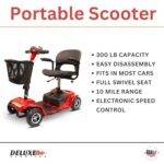 Deluxe Scooters Portable Scooter: 300 Lb Capacity, Long-Distance Mobility Scooter, Comfort Seating, LED Illumination – 10-Mile Capacity (Deluxe Red)