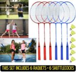 Badminton Rackets and Suttle Cock Set of 6 Rackets, 6 Yellow High Visibility Nylon Shuttlecocks, 3 Blue and 3 Red Badminton Set of Iron Frame Racquets, for Indoor and Outdoor Play, Badminton Sets